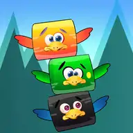 Colorful cartoon birds stacked in a wobbly tower against a pastel sky background in a relaxing puzzle game