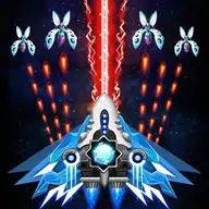 Player's spaceship battling alien fleet in colorful cosmic battlefield with asteroids and explosions