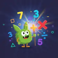 Two cartoon characters competing in a math battle arena with equations floating above them