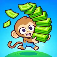 Cute monkey managing a colorful fruit-filled marketplace with customers and workstations