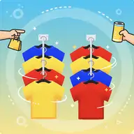 Colorful clothes sorting puzzle game interface with organized drawers and vibrant garments