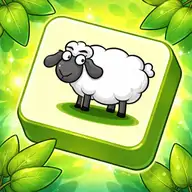 Cute cartoon sheep tile-matching puzzle game with colorful stacked tiles and a seven-slot tray at the bottom