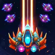 Retro pixel-style spaceship battling alien UFOs in outer space