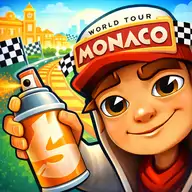 Jake running through a vibrant subway track dodging trains in Subway Surfers endless runner game