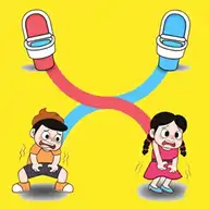 Hand-drawn puzzle paths guiding cartoon students to a restroom in Toilet Race game