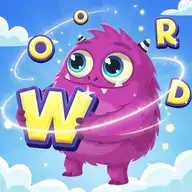 Cute evolving monster next to word puzzle with scrambled letters and visual hint in a colorful puzzle game interface