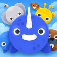 Colorful zoo-themed puzzle game showing merged animals falling into place on a mobile screen